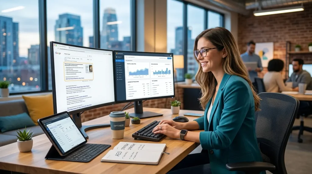 A digital specialist optimizing content for Answer Engine Optimization (AEO), analyzing direct search engine answers and performance metrics on dual monitors