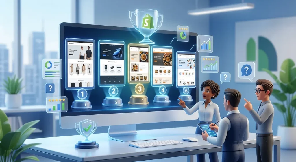 A professional 3D illustration showing a sleek desktop computer monitor displaying multiple e-commerce website layouts lined up on glowing podiums, representing ranked store templates. Above the screen, a glass trophy with a green shopping bag icon floats beside analytics chart pop-ups, star ratings, and performance graphs. On the right, three professional avatars in office attire analyze and compare the website themes on a tablet in a bright, modern corporate setting.
