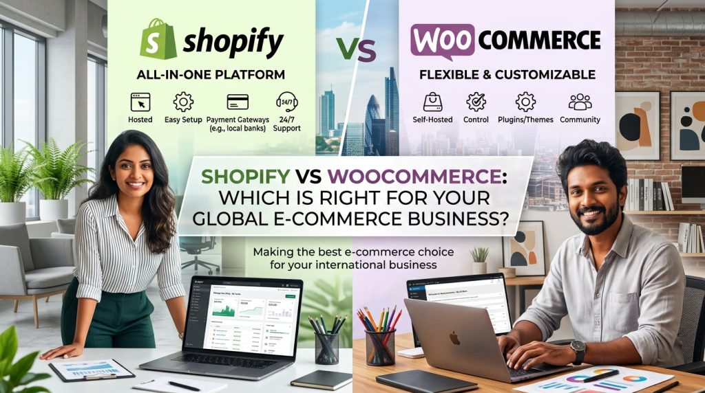 A side by side comparative graphic titled "Shopify vs WooCommerce: Which is Right for Your Global E Commerce Business?" showing two professionals working on laptops in modern office settings. The left side highlights Shopify features like easy setup and hosted support under a green background, while the right side displays WooCommerce features like flexibility and customization under a purple background.