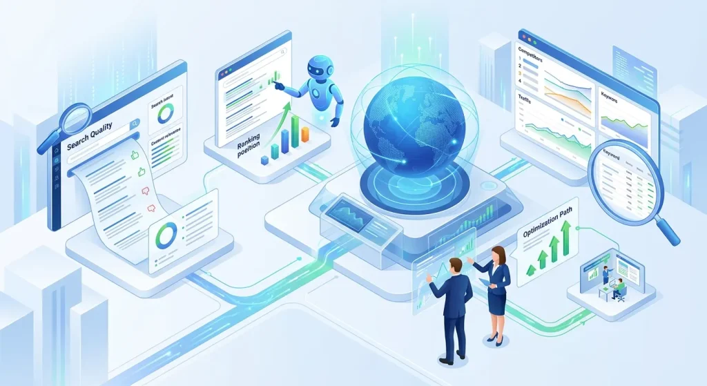3D illustration representing an AI search monitoring platform analyzing SEO data, keyword performance, and search quality metrics on futuristic digital screens.