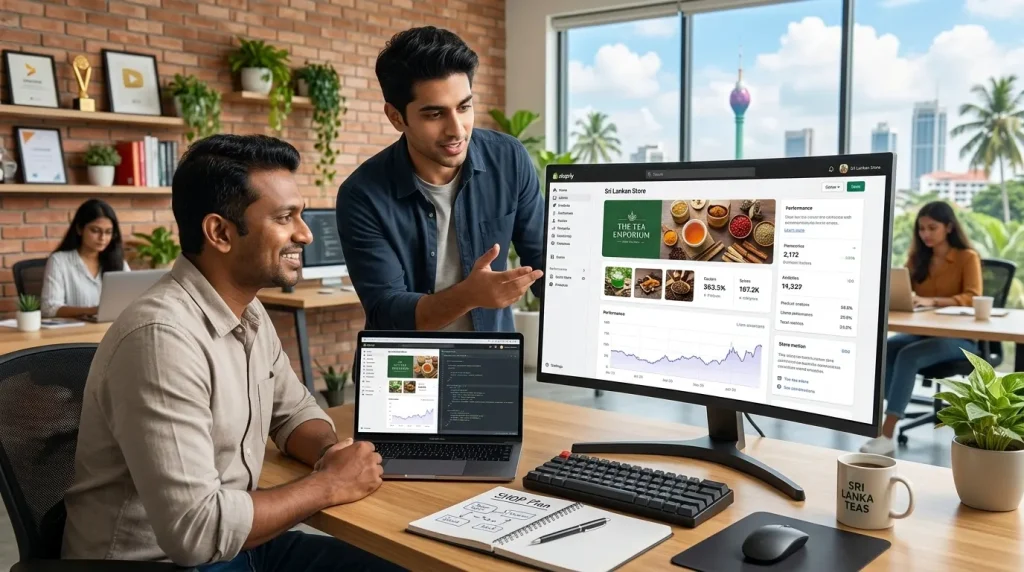 A professional Sri Lankan e-commerce team reviews online store sales data and analytics on a large monitor in a modern office