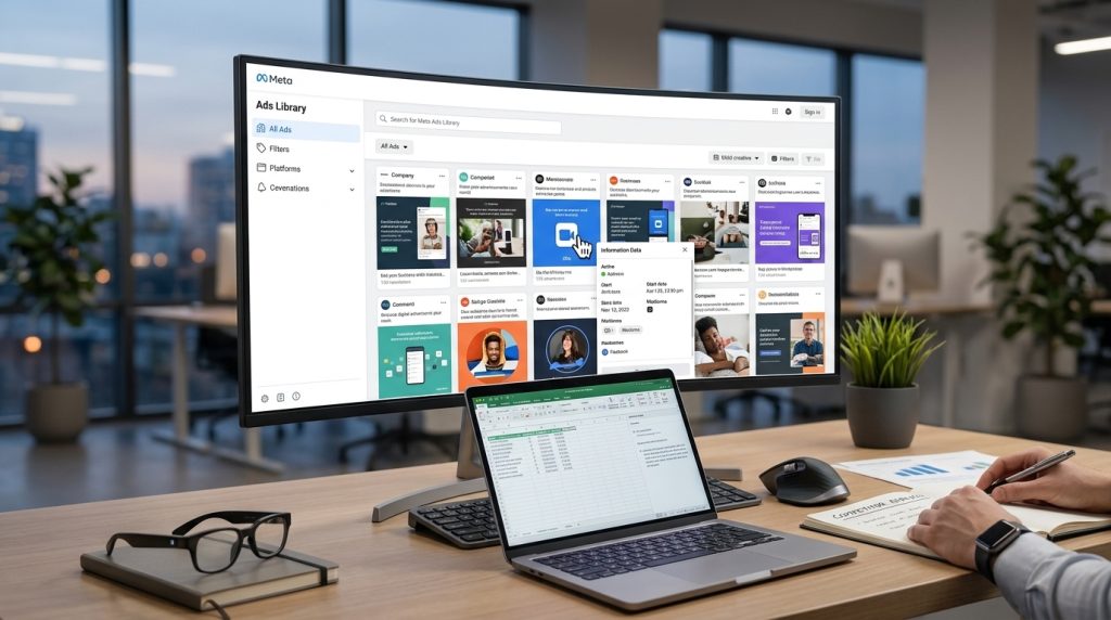 A marketer analyzing competitor ad creatives on the Meta Ads Library dashboard using a large monitor, open laptop, and spreadsheet in a modern office