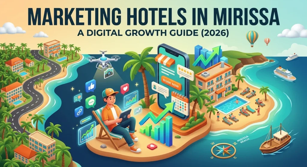 3D isometric illustration for "Marketing Hotels in Mirissa: A Digital Growth Guide (2026)." The graphic showcases a vibrant tropical Sri Lankan coastal setting featuring palm trees, beach resorts, a compass labeled "Mirissa Beach," and boats on turquoise waters. In the center, a digital marketer sits on a beach lounge chair managing growth charts and social media icons on a floating tablet, framed by a large smartphone displaying direct booking calendar interfaces and rising analytics graphs.