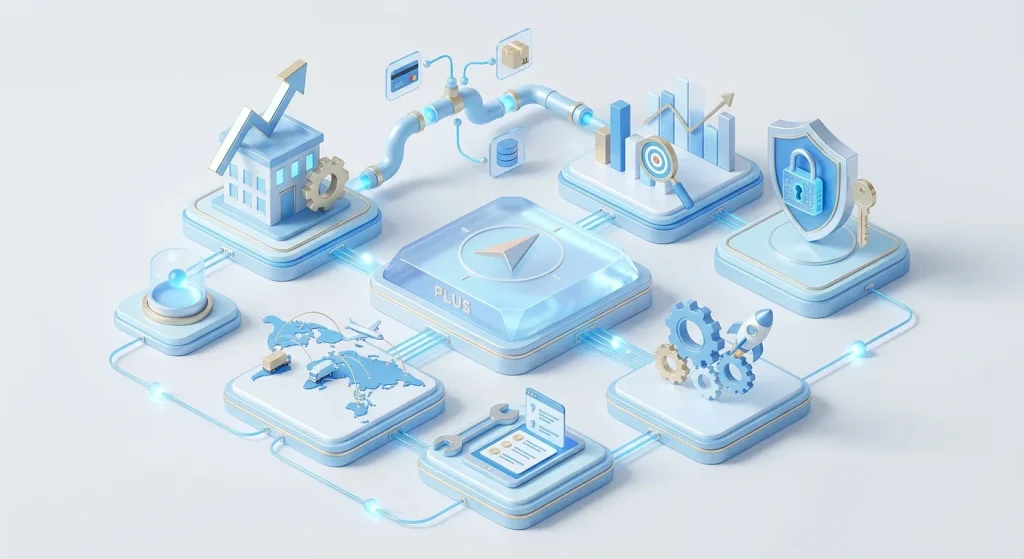 A professional 3D isometric illustration set against a clean, soft-blue background representing Shopify Plus development services. Connected floating square pedestals feature modern icons illustrating enterprise e-commerce solutions, including global expansion with a world map and delivery routes, advanced security with a shield and padlock, custom integration pipelines with pipelines and data servers, performance optimization with gears and a launching rocket, and enterprise analytics with growth charts and targets. Thin glowing light circuits link all the platforms together.