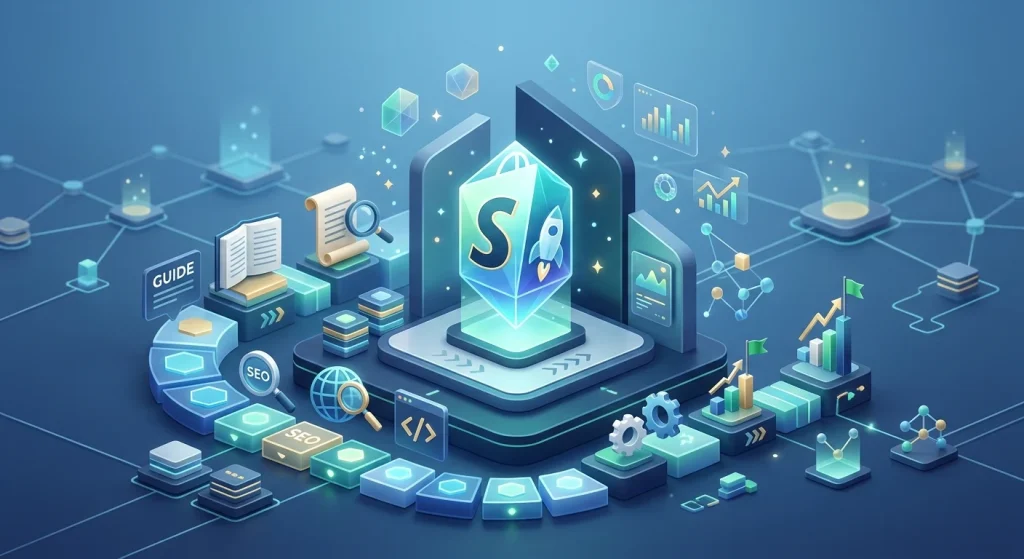 A professional 3D isometric illustration of a digital ecosystem depicting search engine optimization (SEO) concepts. At the center, a glowing translucent shopping bag icon featuring the letter "S" and a launching rocket rests on a high-tech platform. Surrounding elements include floating search magnifying glasses, upward-trending growth charts, gear icons, open guidebooks, and connected code nodes, all styled in a clean blue and cyan color palette.