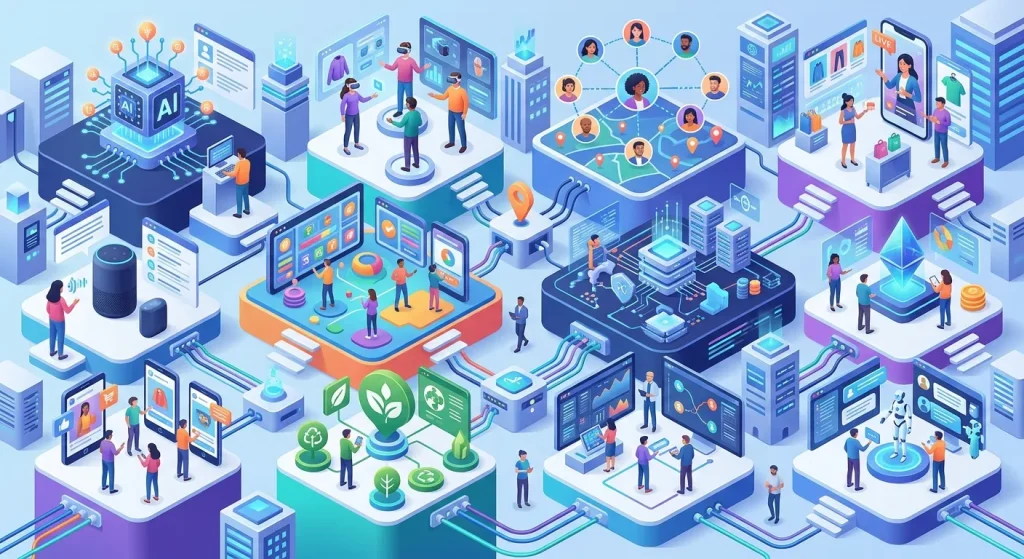 A professional 3D isometric illustration depicting 12 distinct modern digital marketing tactics arranged across interconnected modular platforms. The clean, tech-inspired cityscape features visual representations of futuristic strategies, including AI-driven automation, virtual reality metaverse experiences, hyper-targeted social networks, live-stream shopping, voice search optimization, real-time analytics, and sustainable marketing—all connected by glowing data cables without any text elements.