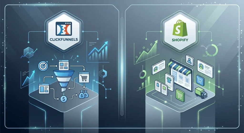 A split-screen visual comparison between ClickFunnels and Shopify set against a sleek, dark tech background. On the left side, the ClickFunnels logo sits above an isometric illustration of a sales funnel diagram with conversion metrics, graphs, and currency symbols. On the right side, the Shopify logo sits above an isometric illustration of a full e-commerce storefront layout featuring product cards, a shopping cart, and logistics icons.