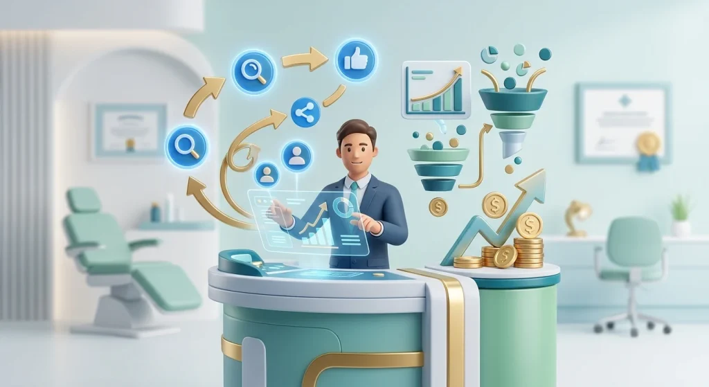 A professional 3D illustration featuring a digital marketer sitting at a sleek desk within a modern medical clinic. Floating 3D icons, interactive charts, and social media symbols surround him, representing digital marketing analytics. Beside the desk, a sales funnel drains coins into stacked dollar signs and rising growth arrows, visually representing cost efficiency and savings.