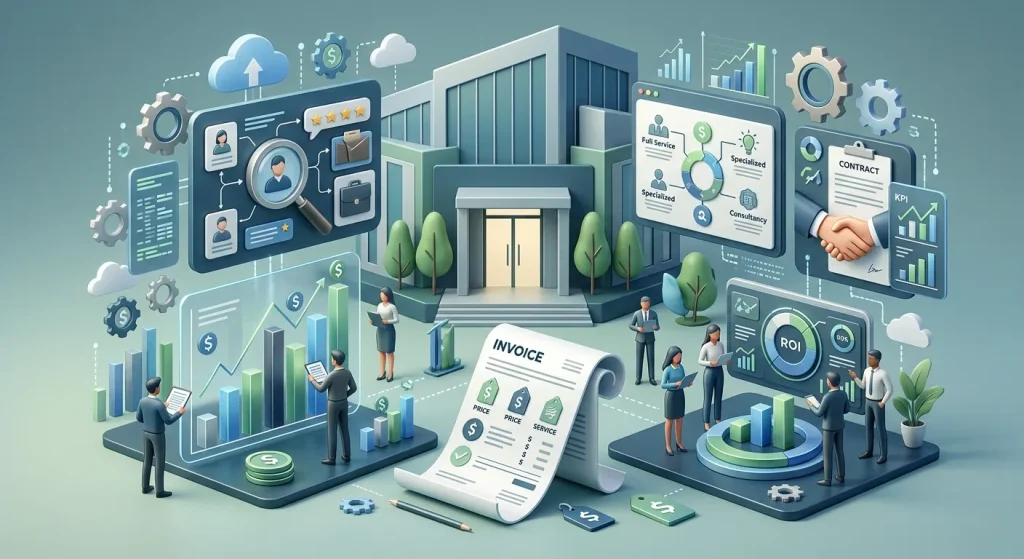 A clean, modern 3D isometric graphic set against a soft blue-grey background, visually representing the cost and selection process for a digital agency. At the center stands a modern office building flanked by an oversized paper invoice with dollar sign badges. On the left, business professionals interact with rising bar charts, financial stacks, and a large search interface highlighting potential agency candidate profiles. On the right, team members analyze an ROI dashboard, review comparison charts, and shake hands over a signed contract clipboard. Floating 3D elements like gears, cloud storage icons, price tags, and growth metrics surround the scene.