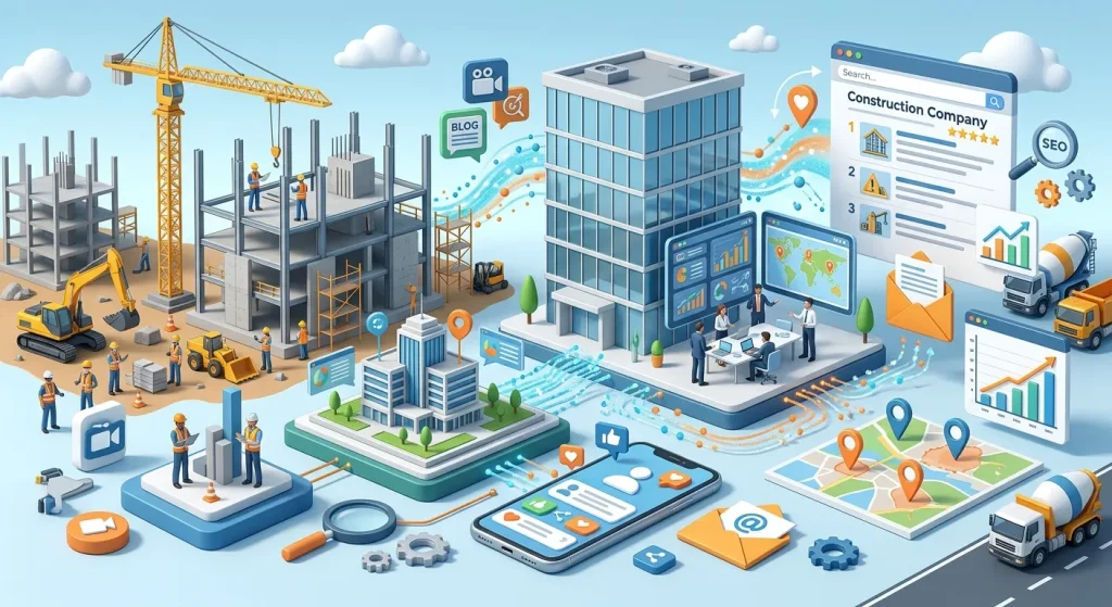 3D isometric illustration depicting digital marketing strategies tailored for a construction company. On the left, a active construction site features yellow cranes, excavators, and workers in hard hats building a modern structure. Bright blue data streams and glowing lines connect the construction site to various digital marketing elements on the right. These elements include a smartphone showing social media feeds, a map with location pins representing local SEO, analytics dashboards displaying growth charts, a laptop showing an online search result page for construction services, and icons for email marketing, reviews, and video content.